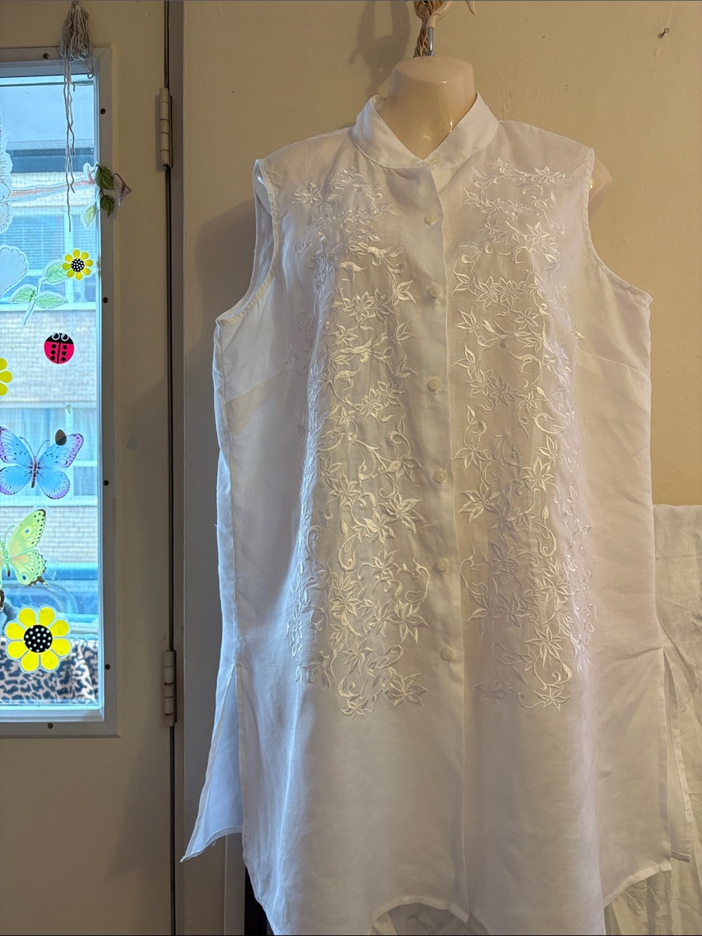 White Embroidered Sleeveless Tunic Dress. Linen